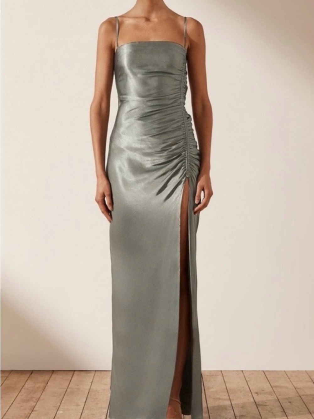 Shona Joy Metallic Pewter Ruched Side-Slit Maxi Dress Wedding guest